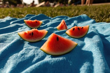Five watermelon slices rest on a blue beach towel in a sunny park, with blurred figures relaxing in the background