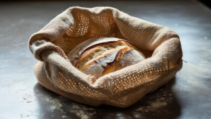 Golden-Crusted Artisan Bread Cradled in a Rustic Burlap Sack