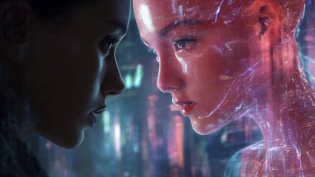 Cybernetic Encounter: A mesmerizing digital art piece featuring two figures. One, a real person, faces another, a digitized counterpart.