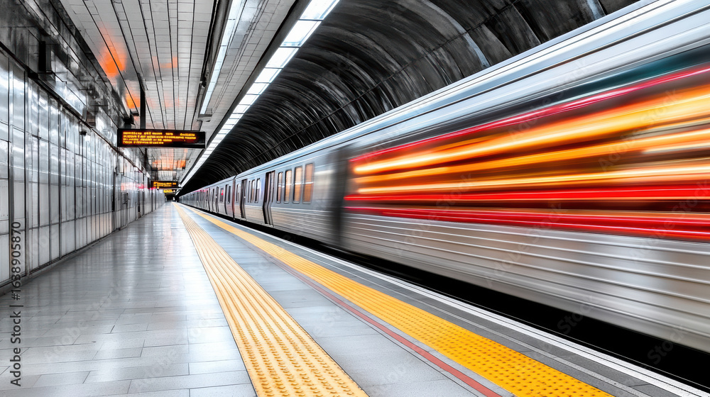 Poster subway train rushes through tunnel, creating dynamic motion blur effect. empty platform