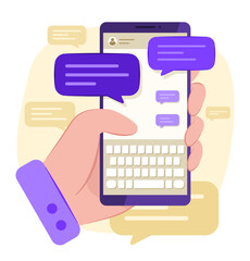 Human Hand Holding a Smartphone with Chatting Application and Message Bubble Icon Symbol for Online Chatting and Telecommunication Concept Illustration Clip Art