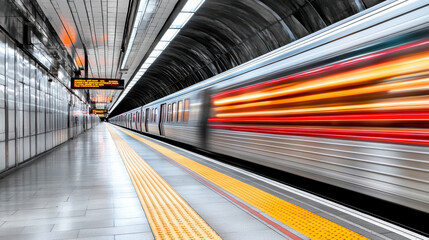 Subway train rushes through tunnel, creating dynamic motion blur effect. empty platform