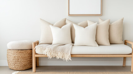 Cozy sofa adorned with soft pillows and textured throw blanket, creating warm atmosphere