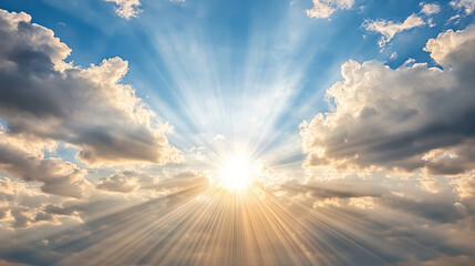 Bright sun rays burst through dramatic cloudscape, creating stunning sky view