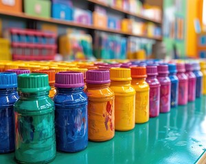 Colorful paint jars sit in a row at an artist's studio or creative workshop. Great for projects related to arts, crafts, education and creativity.