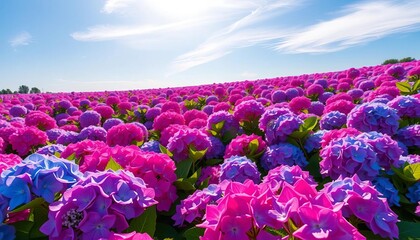 Vast field of vibrant hydrangeas in full bloom under a bright sky,  vibrant,  texture