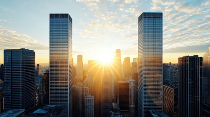 Sunrise illuminating high rise buildings, creating stunning cityscape view