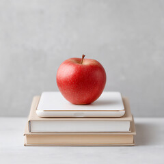 a stack of books with an apple and a modern digital tablet displaying research data.