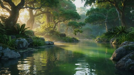 Naklejka premium Lush Green Forest Landscape with Tranquil River and Sunlight Streaming Through Trees Creating a Serene Natural Environment
