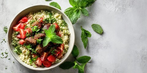 Fresh Mediterranean Couscous Salad with Mint and Cherry Tomatoes Premium Healthy Food Content for Modern Lifestyle and Wellness Marketing Campaigns