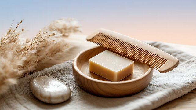 Natural spa arrangement featuring soap comb stone and wheat against light background promoting wellness and healthy lifestyle