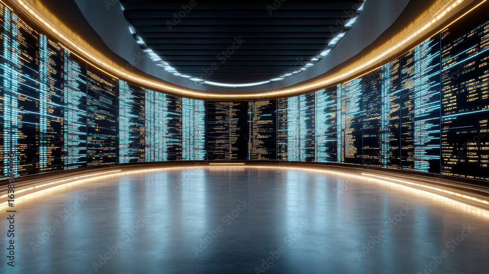 Poster futuristic digital environment with glowing data displays and sleek design