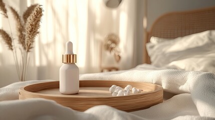 A minimalist, white serum bottle with a gold cap rests on a light wooden tray atop a neatly made bed, bathed in soft, sunlit morning ambiance. 