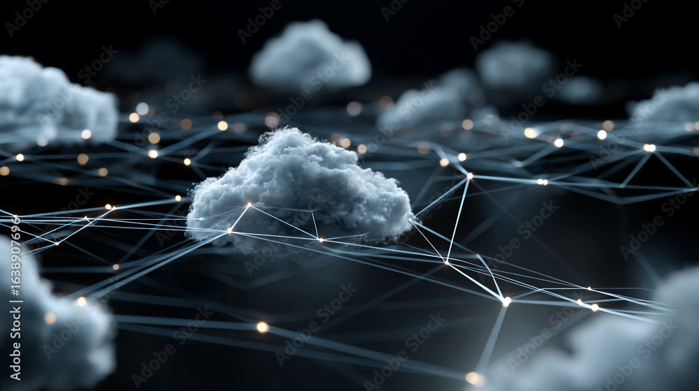 Poster a cloud network with white lines and dots against a dark background view