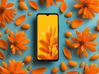 Modern Smartphone with Vibrant Orange Flower Background Premium High-Quality Tech Lifestyle Content for Digital Marketing and Advertising Campaigns
