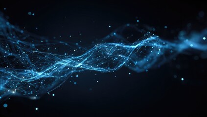 Abstract digital wave of particles.  Dark blue background, swirling patterns of connected points and lines,  small glowing specks
