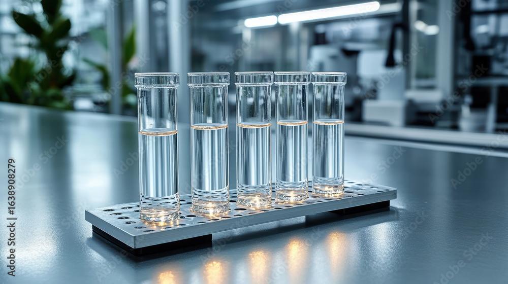 Poster clear test tubes filled with water arranged neatly on metallic rack in laboratory setting