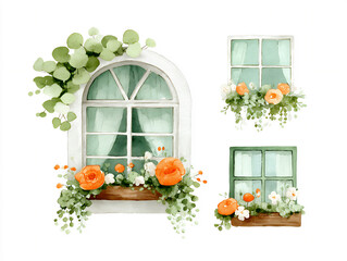 watercolor illustrations featuring various vintage window shapes lavishly decorated with flowers and