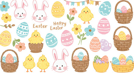 Cheerful Easter-themed illustration featuring bunnies, chicks, decorated eggs, flowers, and baskets, arranged in a festive composition.
