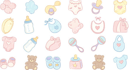 Fototapeta premium Adorable pastel baby items collection: clothing, toys, and feeding essentials.