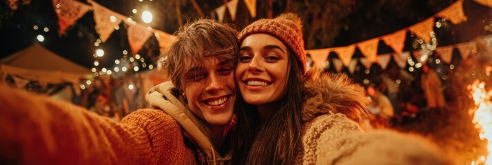 Fototapeta premium Authentic Young Couple Autumn Outdoor Selfie Premium Cozy Lifestyle Content for Millennials Social Media and Marketing Campaigns with Warm Emotional Vibes