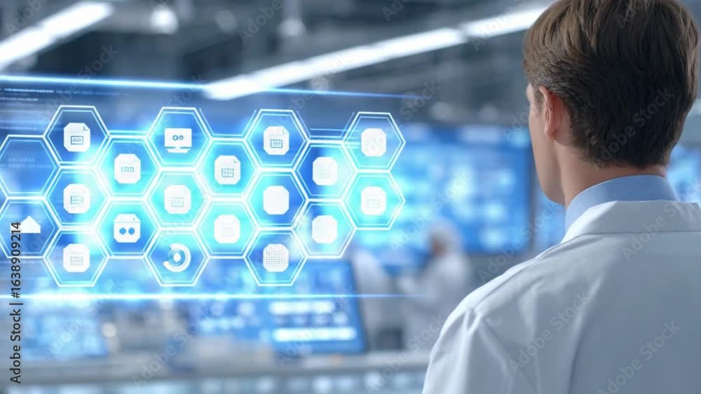 Poster tech-focused observation: a scientist meticulously reviews intricate data displayed on a cutting-edg