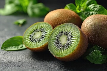 Fototapeta premium Fresh kiwi fruit halves and whole fruits on a dark background with greens. Use this kiwi photo for health, recipe, or food ingredient concepts.
