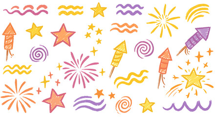 Colorful hand-drawn fireworks, stars, and wavy lines; celebratory design elements.