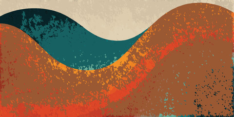 Textured abstract wavy hills in earthy tones of brown, orange, and teal with a cream sky