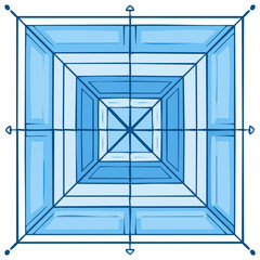 Stylized diagram of square pyramid shape in shades of blue representing directions, perspective, and dimensionality