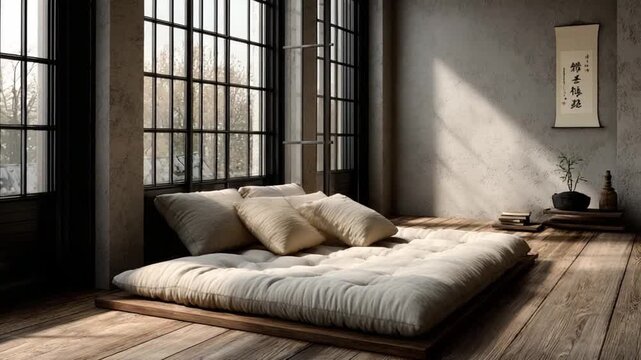 Tranquil Retreat: A minimalist interior showcases a traditional floor bed beneath large windows, enveloped by a calming ambiance. Soft cushions invite serenity. Warm.