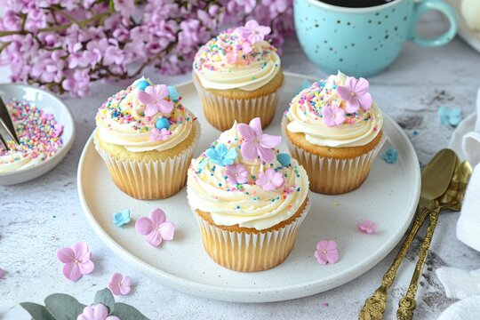 Four vanilla cupcakes with creamy frosting, pastel sprinkles, and delicate sugar flower decorations are arranged on a plate, accompanied by a cup of coffee and lilac blossoms