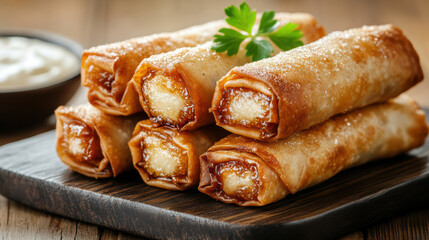 Crispy spring rolls filled with sweet banana and caramelized sugar, served on wooden platter