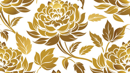 Golden floral pattern with peony flowers and leaves on white background vector