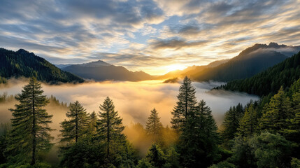 Obraz premium Majestic sunrise over misty forest landscape, showcasing towering trees and rolling fog