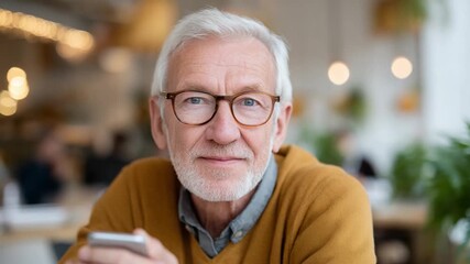 Gentleman in glasses: A distinguished gentleman, with a warm, inviting gaze, frames his face with classic eyeglasses, radiating wisdom and approachability while holding mobile device.
