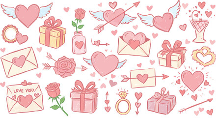 A collection of hand-drawn Valentine's Day themed elements including hearts with wings, gift boxes, roses, letters, and a ring.