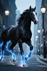 Majestic Black Horse Running Through Urban Street Surrounded by Vintage Lamp Posts with Lightning Effects in a Mystical Night Scene