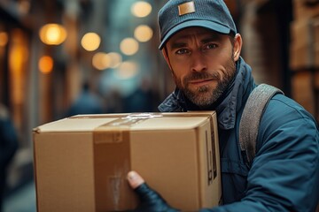Delivery man in cap holds cardboard box in city street. Good for illustrating delivery, shipping or logistics services.