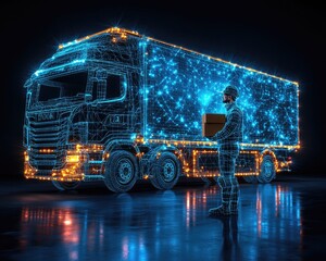 A futuristic worker holds a box next to a digital truck outline. Great for showcasing logistics tech, future deliveries and innovation.