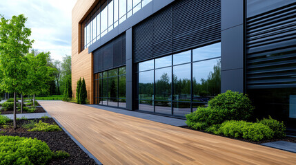 Naklejka premium Modern office building with large windows, wooden deck, and landscaped greenery creates serene