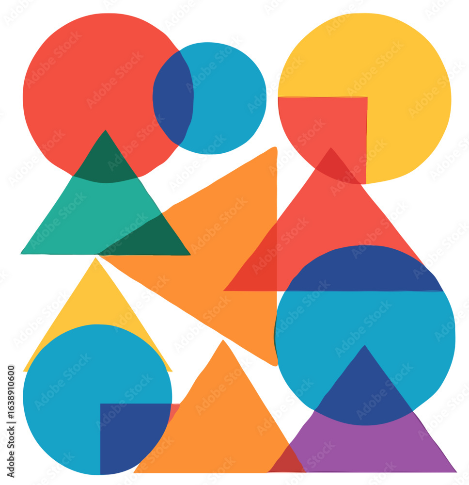 Poster an abstract geometric design featuring overlapping circles and triangles in a vibrant color palette 