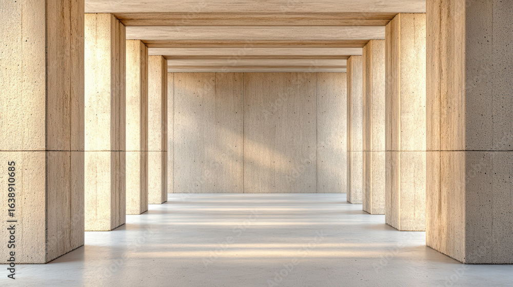Aufkleber modern concrete architecture features spacious interior with vertical columns and soft lighting
