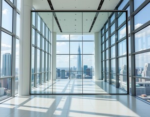 Fototapeta premium Futuristic Minimalist Interior with City Skyline View