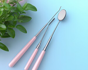 Dental instruments with pink handles rest on a pastel blue background. It's perfect for dentistry, healthcare, or cosmetic wellness visuals.