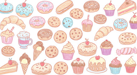 A delightful collection of hand-drawn pastries, sweets, and baked goods.