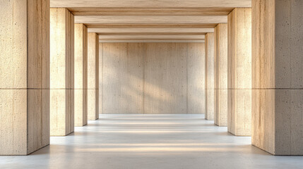 Modern concrete architecture features spacious interior with vertical columns and soft lighting