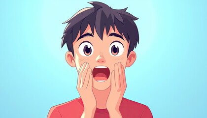 Young anime boy with wide eyes and open mouth expressing surprise. Use to illustrate shock, amazement, or a sudden realization concept.