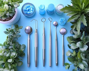 Dental tools, blue pills, cream and green plants on light blue backdrop. It shows professional oral care, hygiene and dental health concept.