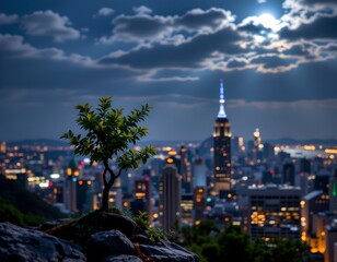 Obraz premium Serene Nighttime Cityscape with Full Moon View